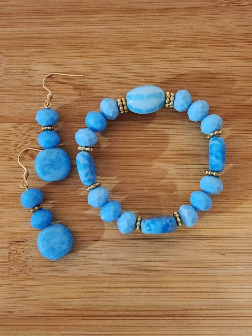 Hand crafted Blue Beaded Bracelet and Earrings Set